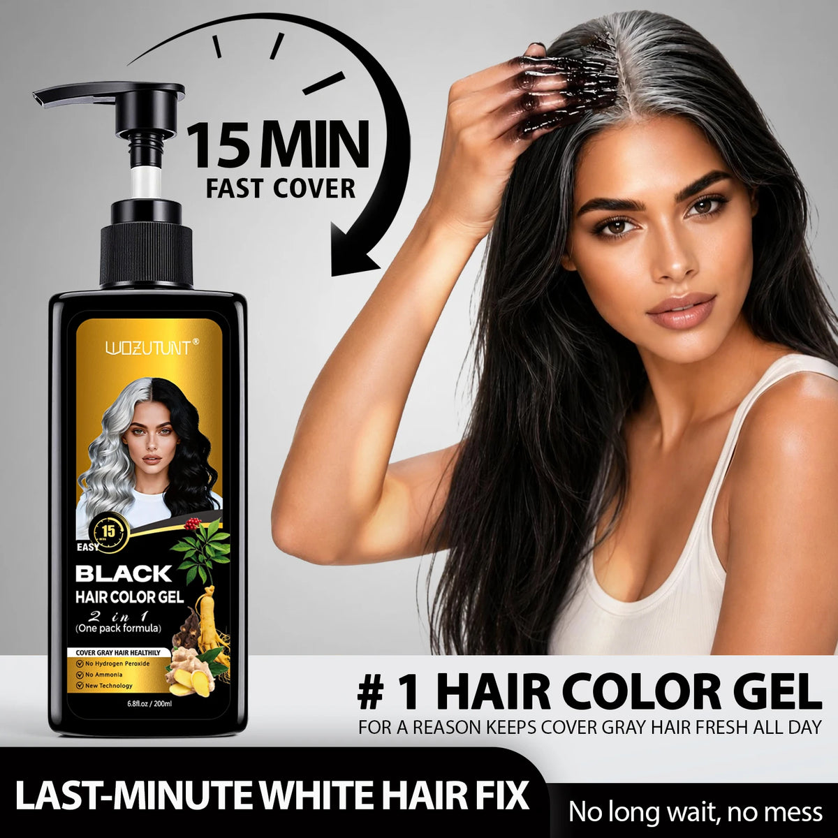 Black Hair Color Gel, 15-Minute Gray Coverage Brush-On Pump for Men and Women, Plant-Extract Blend 6.8 FL oz