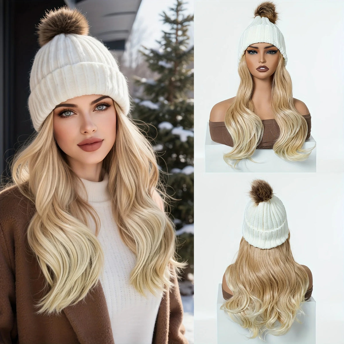 20inch Long Water Wavy Synthetic Hairpiece Beanie Hat - Woven Wigs with Knit Pom Cap and Warm Winter Design - Soft, Detachable,