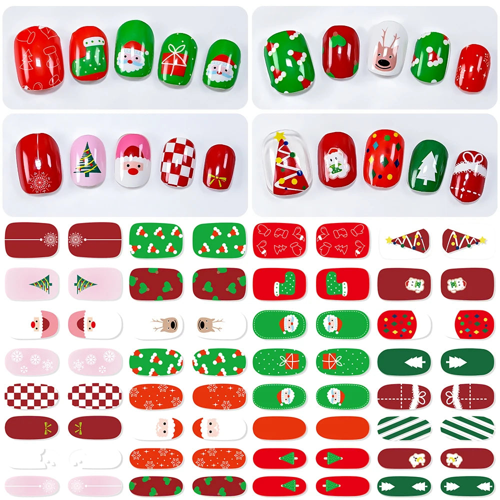 16Tips 3D Full Cover Christmas Series Nail Stickers Adhesive No Light Need Nail Art Wraps Strips Festival Manicure Polish Tips *
