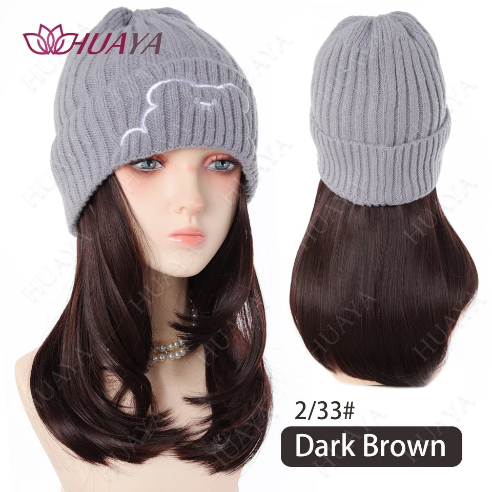 Synthetic Hat Wig Medium Length Straight Hair knitted Hat Wig Hair Extensions Accessories Autumn Winter Cap Warm Velvet Lining