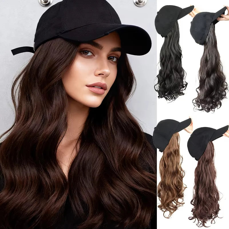 Women's Long Curly Synthetic Fiber Baseball Cap Wig in Black,Featuring Breathable Adjustable Cap Design,Perfect for Hallo
