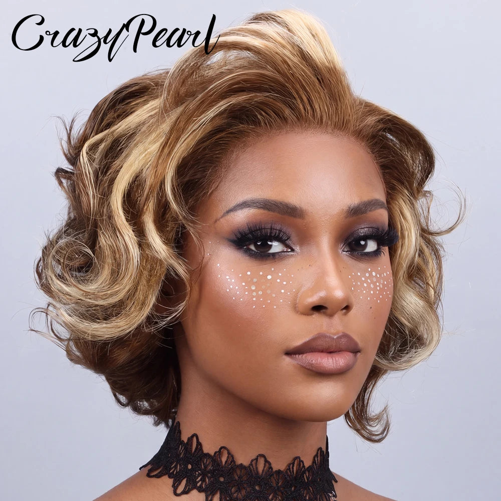 P4/27 Highlight Pixie Cut Wigs Human Hair Short Curly Brown Blonde Gradient Lace Front Pre Plucked Bleached Knots Natural Look