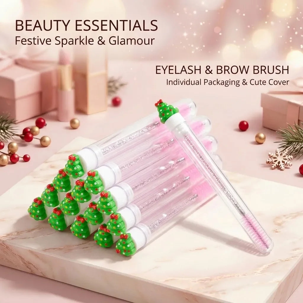 10pcs Christmas Mascara Eyelash Brush in Tube with Santa Claus Cap, Dust-Proof Reusable Mascara Wand Lash Applicator Makeup Tool