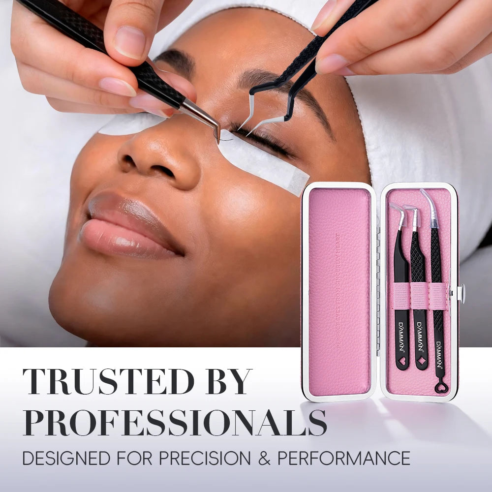 DAMMAN 3PCS Lash Tweezers Set Fiber Tip Tweezers for Eyelash Extension High Precision Eyelash Tweezers with Leather Case