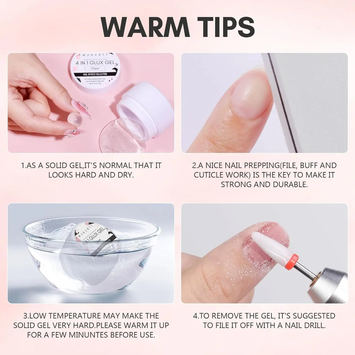 Makartt Solid Gel Builder: 4-in-1 Clear White Non-sticky for Extension 3D Sculpting Nail, UV Glue for Acrylic Tips, Rhinestones