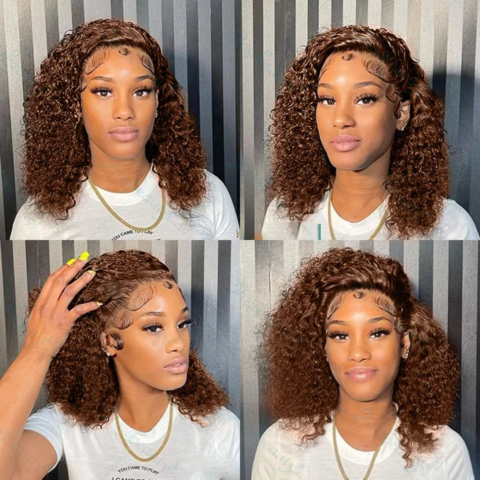 Short Bob Wig 13x4 Lace Front Wig Chocolate Dark Brown 100% Human Hair Deep Curly Wave Bob Wig HD Lace Wig 200 Density For Women