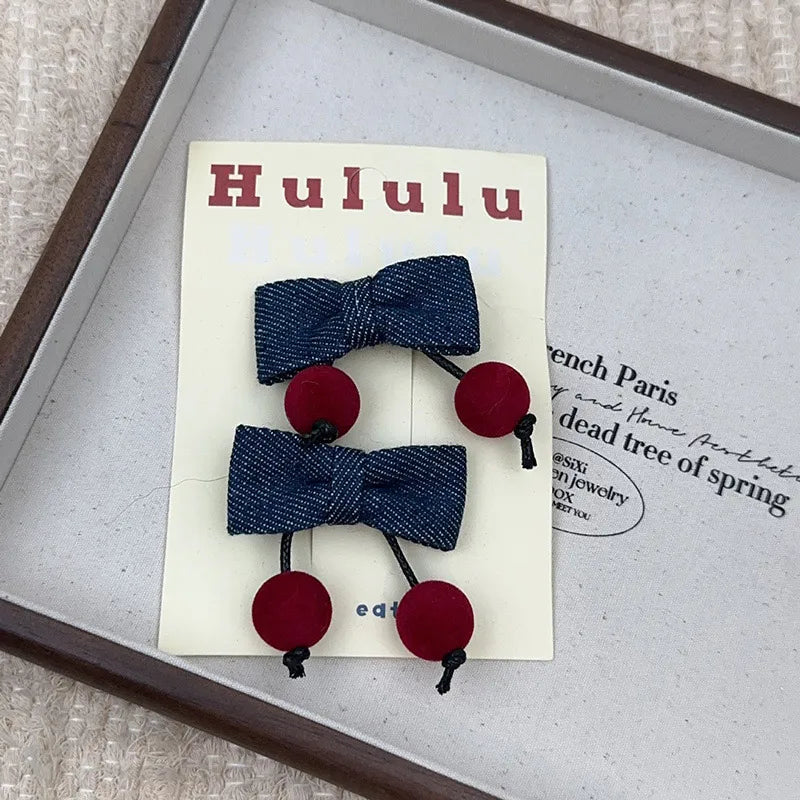 Winter Denim Fabric Cherry Bow Children's Hairpin Cute Girl Hair Band Christmas Decoration Headgear Hairpin New Year Gifts