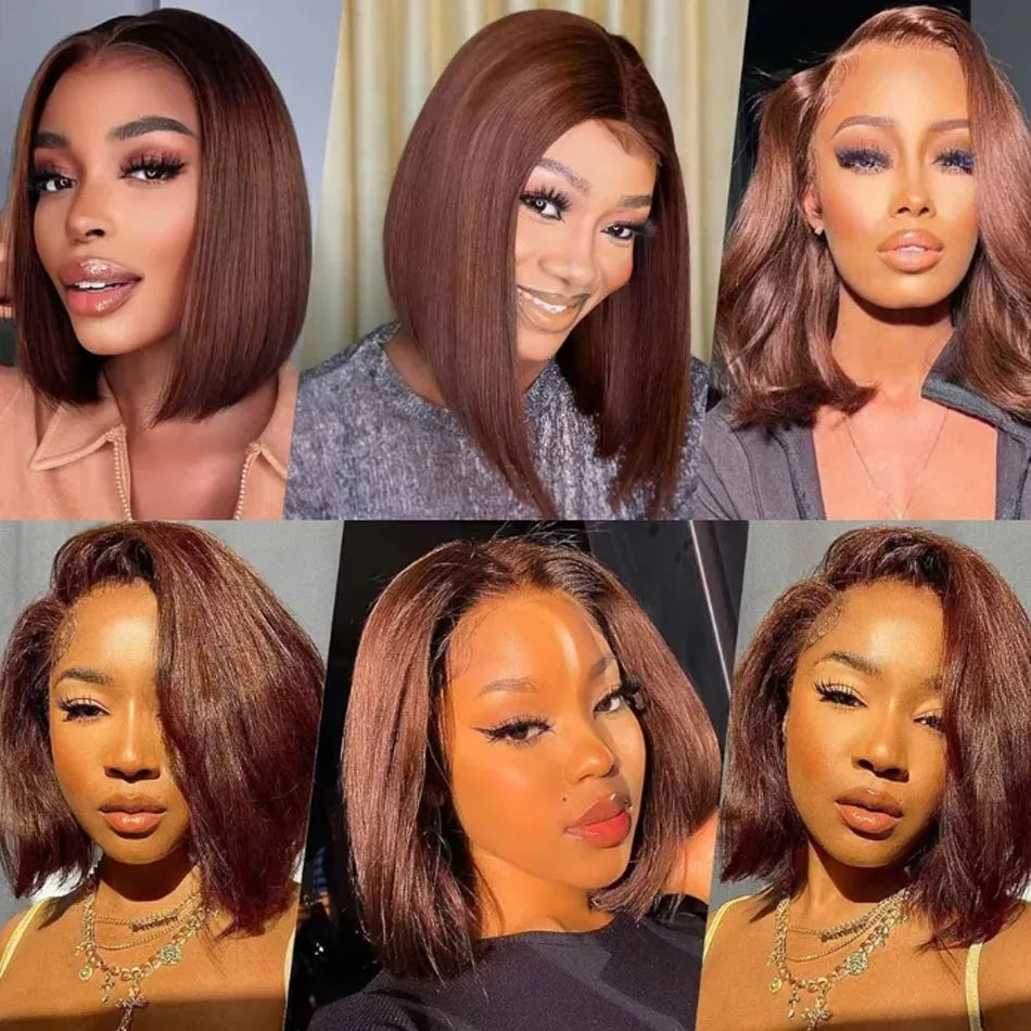 8-16 Brazilian Short Bob Wigs #4 Brown Straight 13x4 HD Transparent Lace Frontal Wigs Pre Bleached Glueless Short Bob Wigs Hair