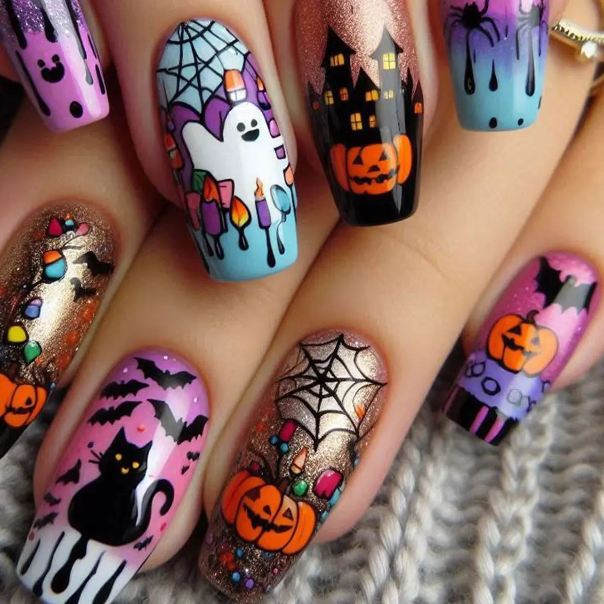 24pcs Long Coffin False Nails Press on Halloween Purple Nails Tip Pumpkin Castle Design Fake Nail Art Wearable Finished Manicure