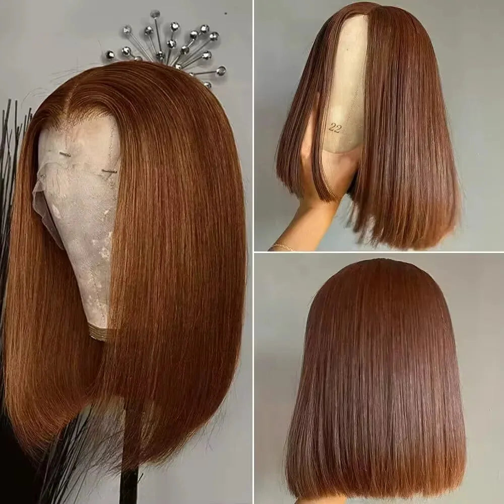 13X4 Chocolate Brown Straight Bob Wig 4X4 Silky Straight HD Lace Frontal Wig Natural Hairline Pre Plucked Human Hair 100% 16Inch