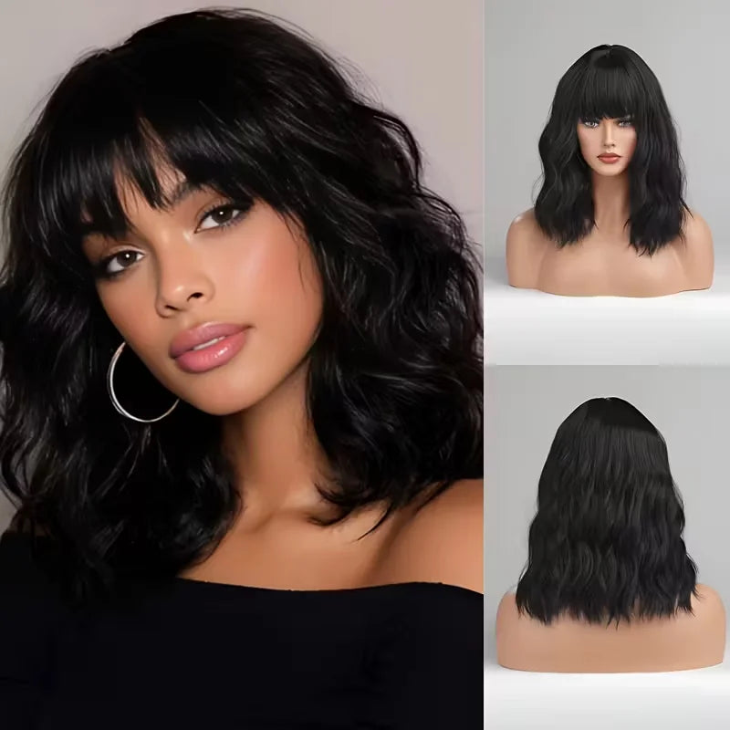 3X1 Middle Part Lace Curly Bob Wigs With Bangs Brazilian Hair Machine Made Short Bob Wig With Realistic Scalp Natural Black Color