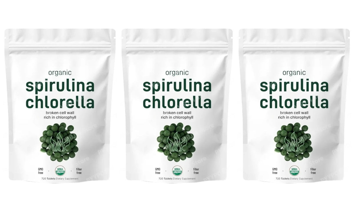 Organic Spirulina Chlorella Tablets 3000mg 720 Count Superfood Blend with Vegan Protein Energy Immunity Digestive Support