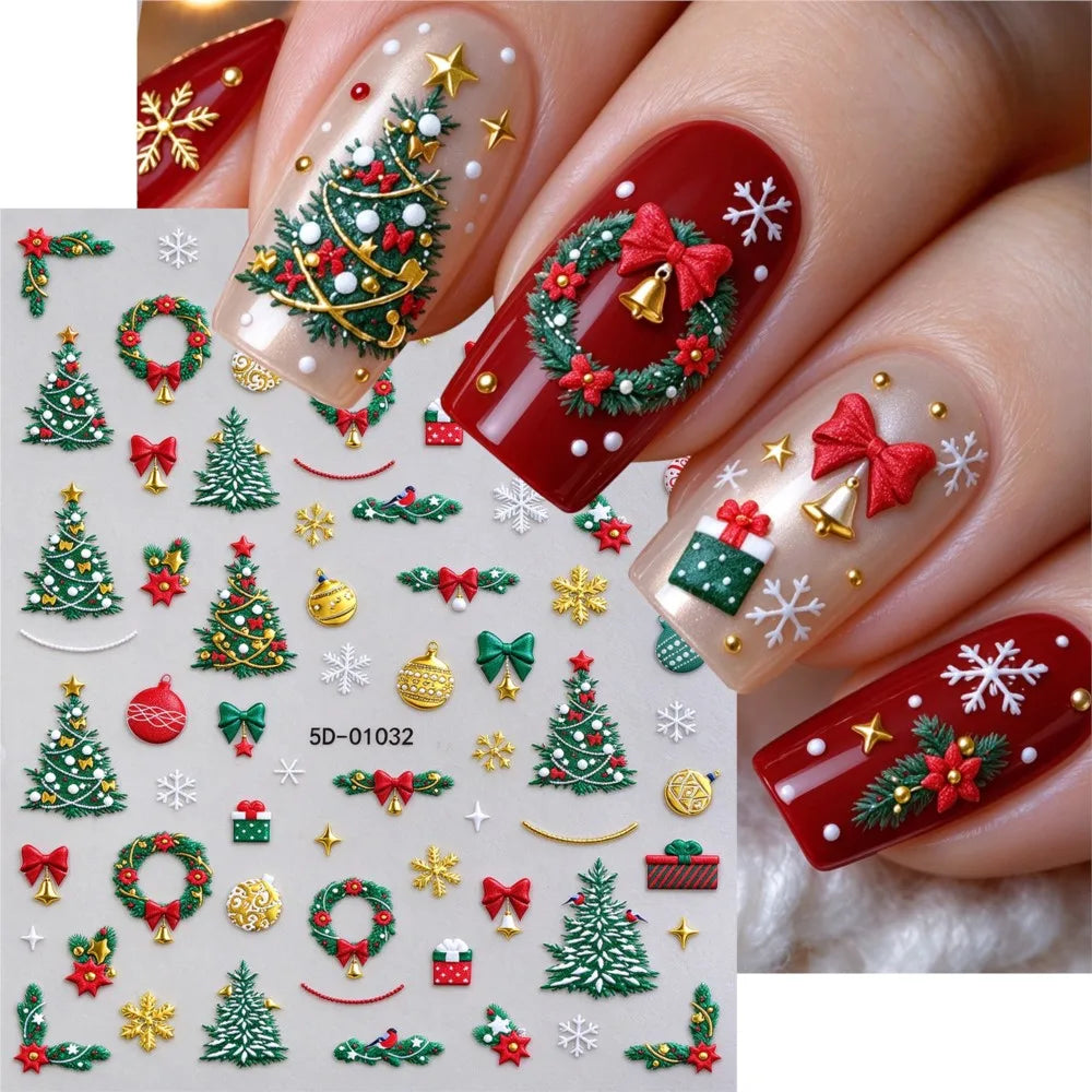 1Pcs 5D Embossed Christmas Tree/Bell/Wreath Nail Stickers Cute Gold Snowflakes Ball Bow Xmas Nail Decals Adhesive Nail Decora E2