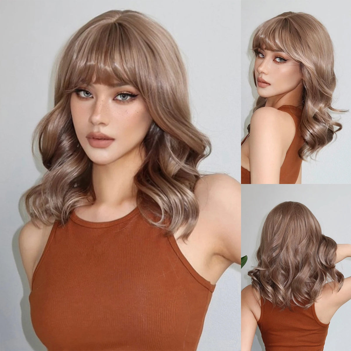 EASIHAIR Short White Bob Synthetic Wigs Short Wavy Lolita Natural Hair Wigs with Bangs for Women Heat Resistant Cosplay Wig