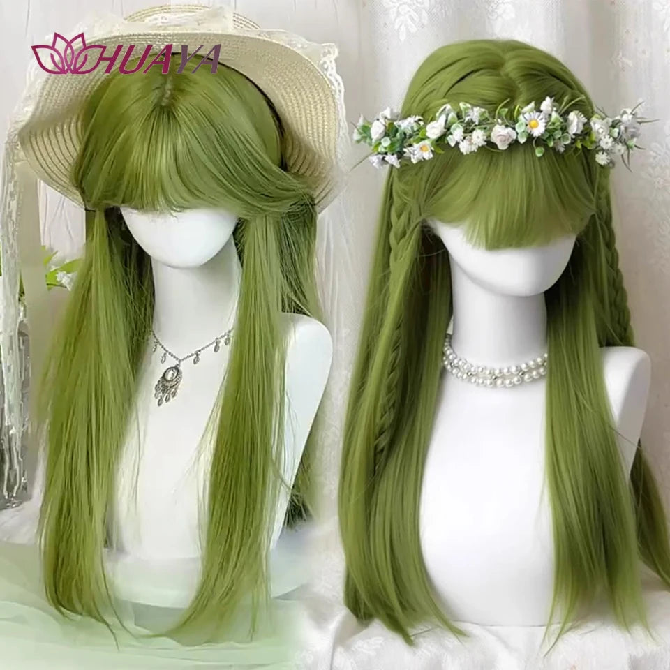 Green Long Straight Synthetic Wigs with Bangs for Women Green Cosplay Colorful Wigs Christmas Natural Fake Hair Heat Resistant
