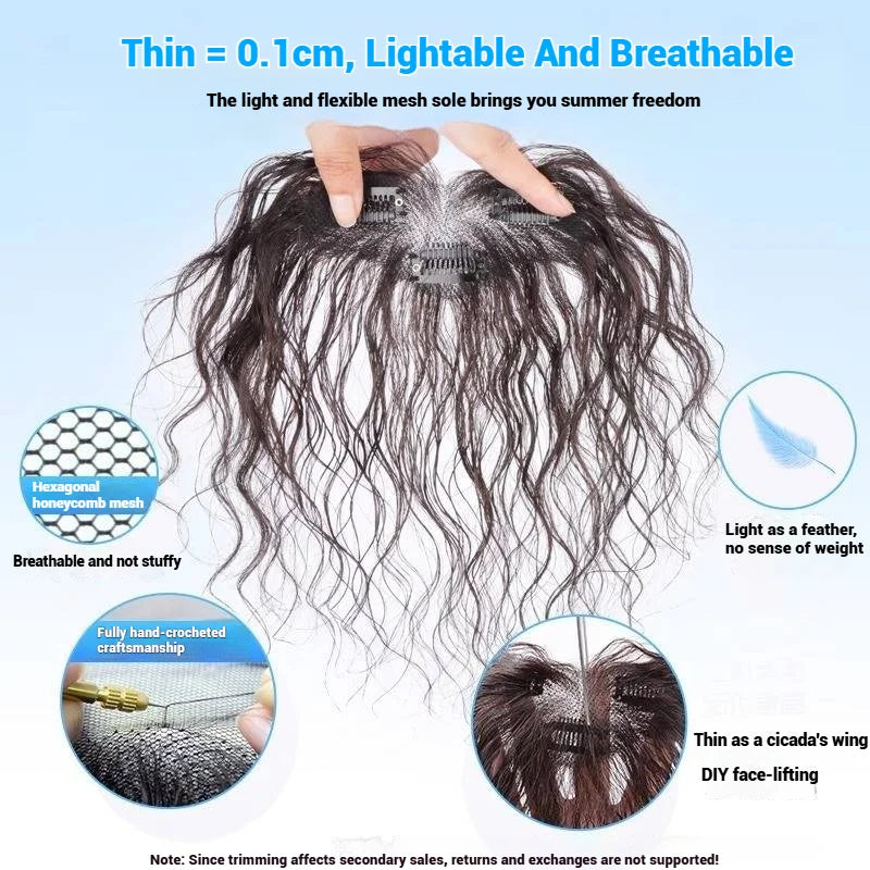 100% Human Hair Curly Bangs Toppers for Women Breathable Lace Base with Clips Curl Baby Hair Fringe Hairpiece for Thinning Hair