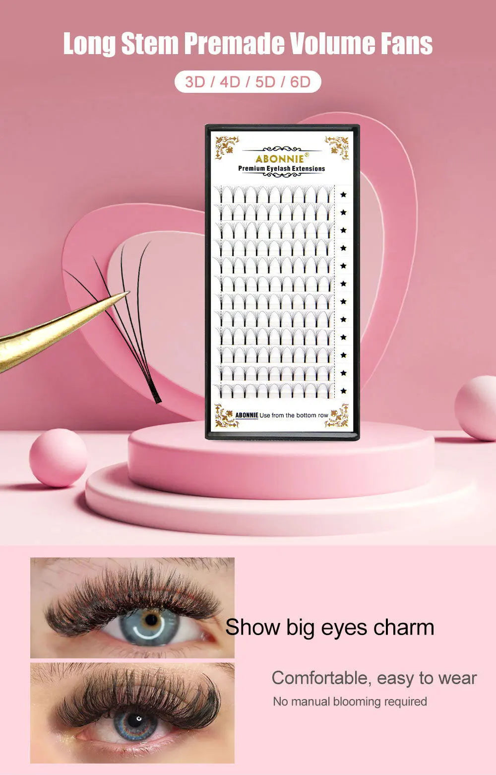 Abonnie Russian Volume Eyelash Extensions Eyelash Bouquets Volume Long Stem Soft Matte Black Premade Extension