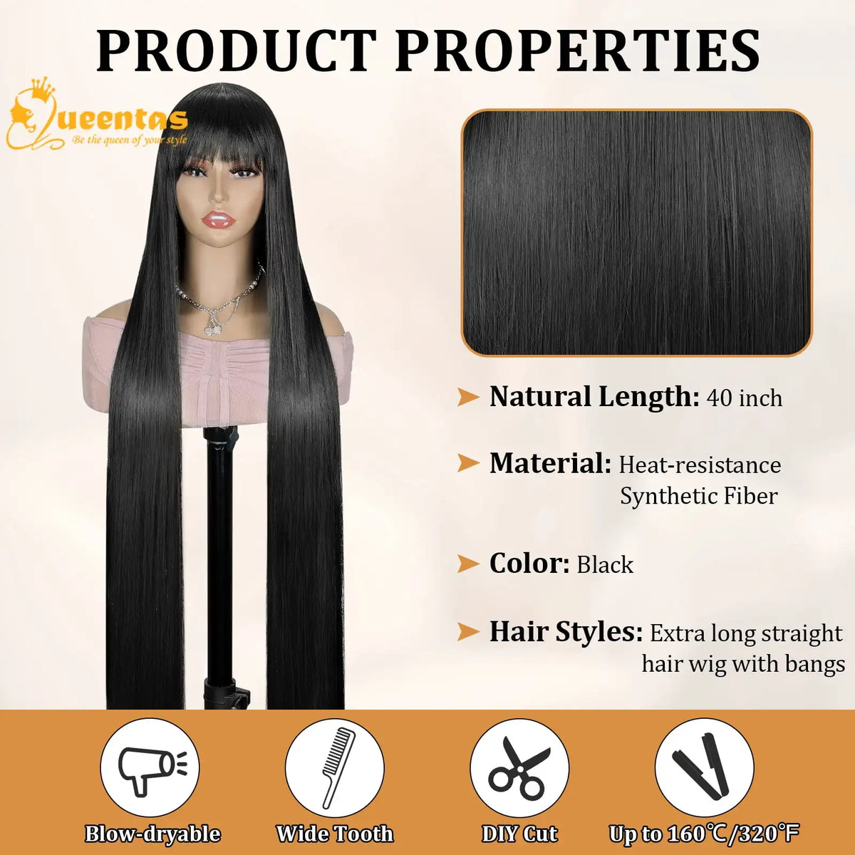 QUEENTAS 40 Inch Black Wig with Bangs Long Black Wigs for Women Synthetic Straight Hair Party Daily Wear
