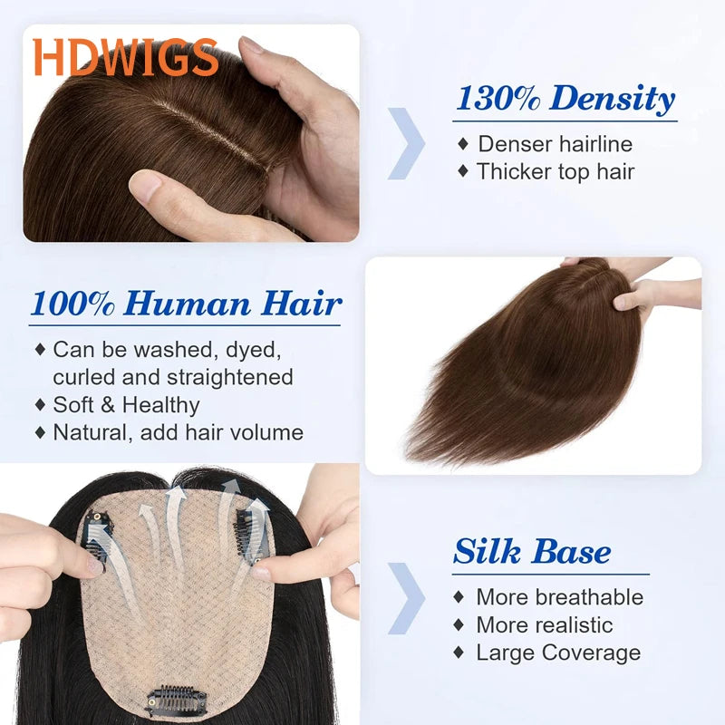 Silk Base Women Toupee Human Hair Wigs Straight Remy Human Hair Topper Women Natural Human Hair Clip in Hair Extensions Hairline