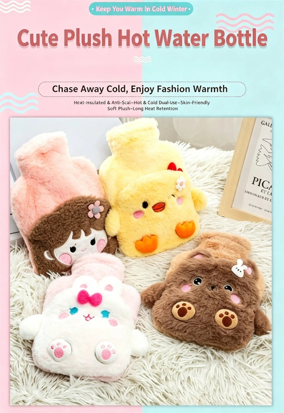 Cute Cartoon Plush Hot Water Bottle, Removable Plush Cover Thick Explosion‑proof PVC Hot Water Bag Hand Warmer for Winter