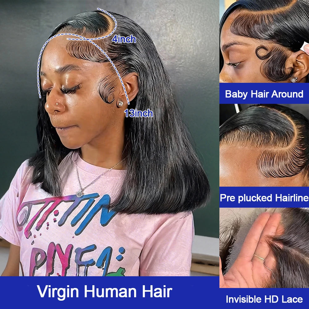 Brazilian HD Transparent 13x4 Bone Straight Short Bob Human Hair Wigs 13x6 Straight Lace Front Wigs For Women 250 Density