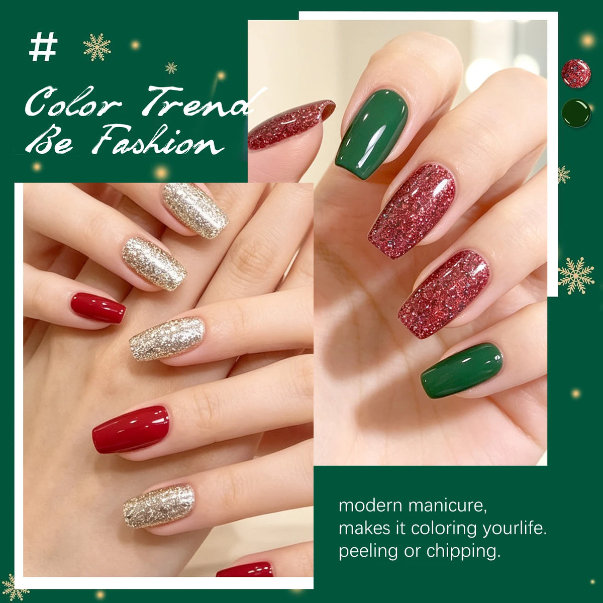 6 Colors Christmas Holiday Gel Nail Polish Set, Dark Green Red Silver Champagne Glitter Gel Polish Kit for Christmas Manicure
