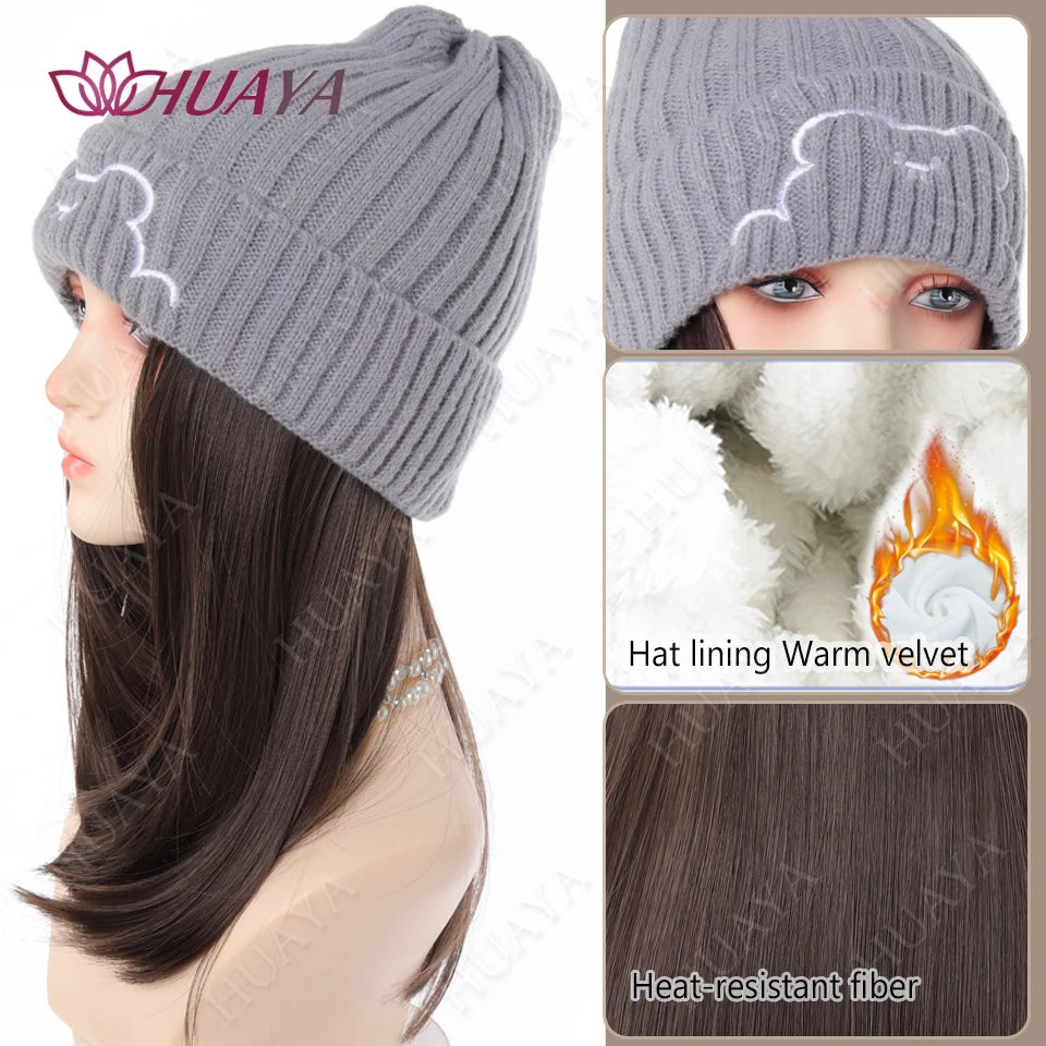 Synthetic Hat Wig Medium Length Straight Hair knitted Hat Wig Hair Extensions Accessories Autumn Winter Cap Warm Velvet Lining