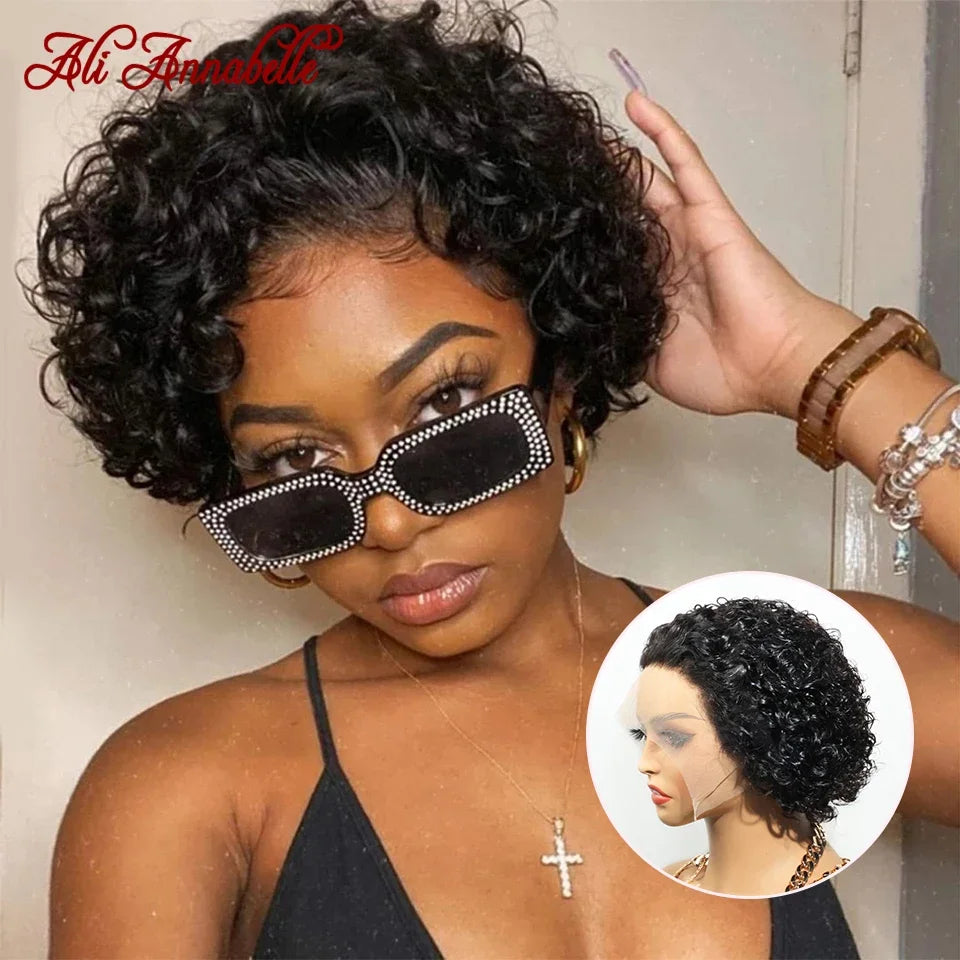 Ali Annabelle 13X1 Lace Part Curly Bob Wigs Human Hair Wigs For Women Short Pixie Cut Curly Bob Wigs Brazilian Transparent 150%