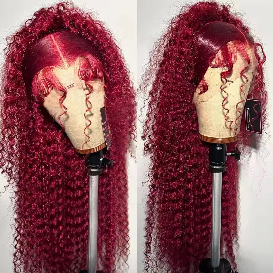 200 Density 13x4 Curly 99J Burgundy Lace Front Wig Red Wine Colored 30 38 Inch Deep Water Wave HD Lace Frontal Human Hair Wigs