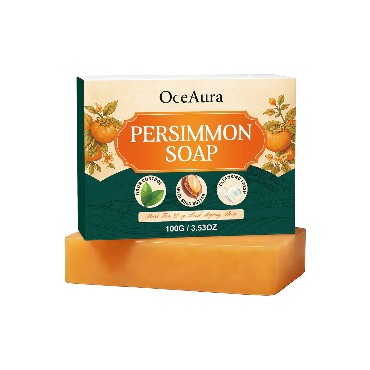 OceAura Persimmon Soap Bar Gentle Body Cleanser Moisturizing Nourishing Refreshing Smooth Skin Daily Bath