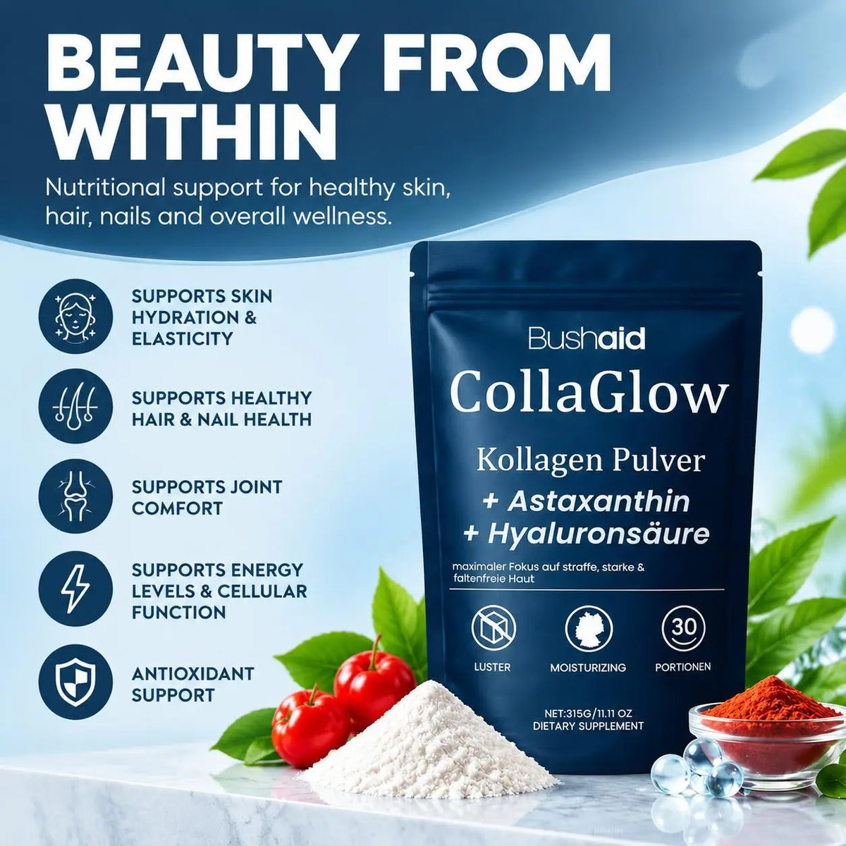 Collagen Powder Supplement with Hyaluronic Acid Astaxanthin Biotin CoQ10 for Skin Hydration Hair Nail Joint Support, 30 Servings