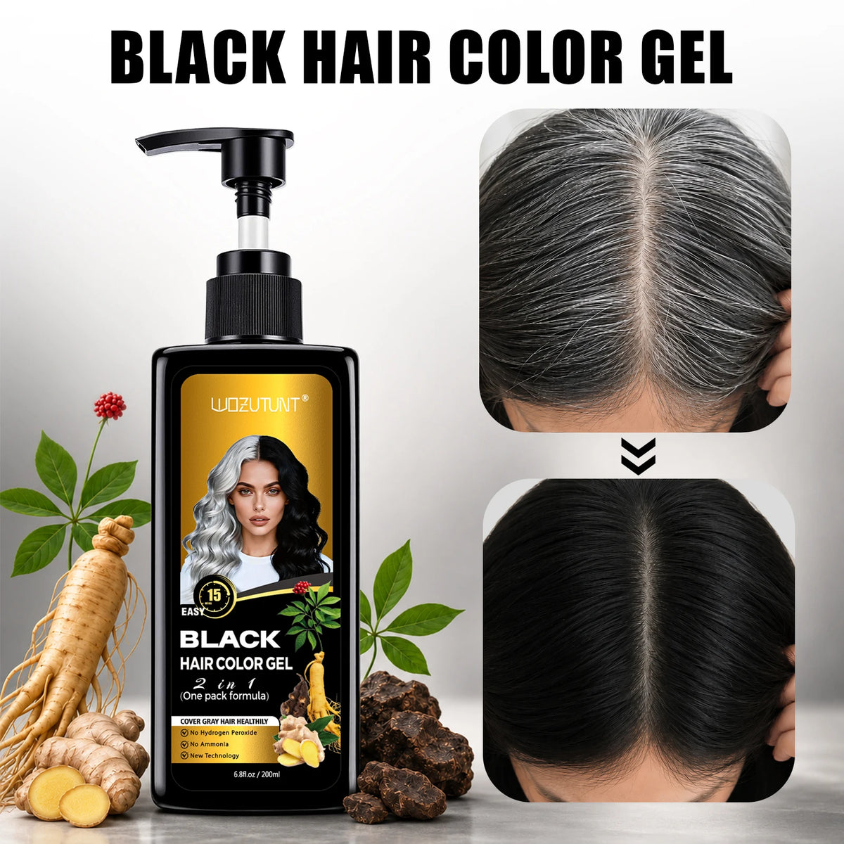 Black Hair Color Gel, 15-Minute Gray Coverage Brush-On Pump for Men and Women, Plant-Extract Blend 6.8 FL oz