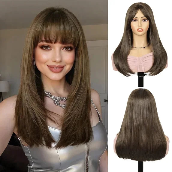 QUEENTAS 40 Inch Black Wig with Bangs Long Black Wigs for Women Synthetic Straight Hair Party Daily Wear