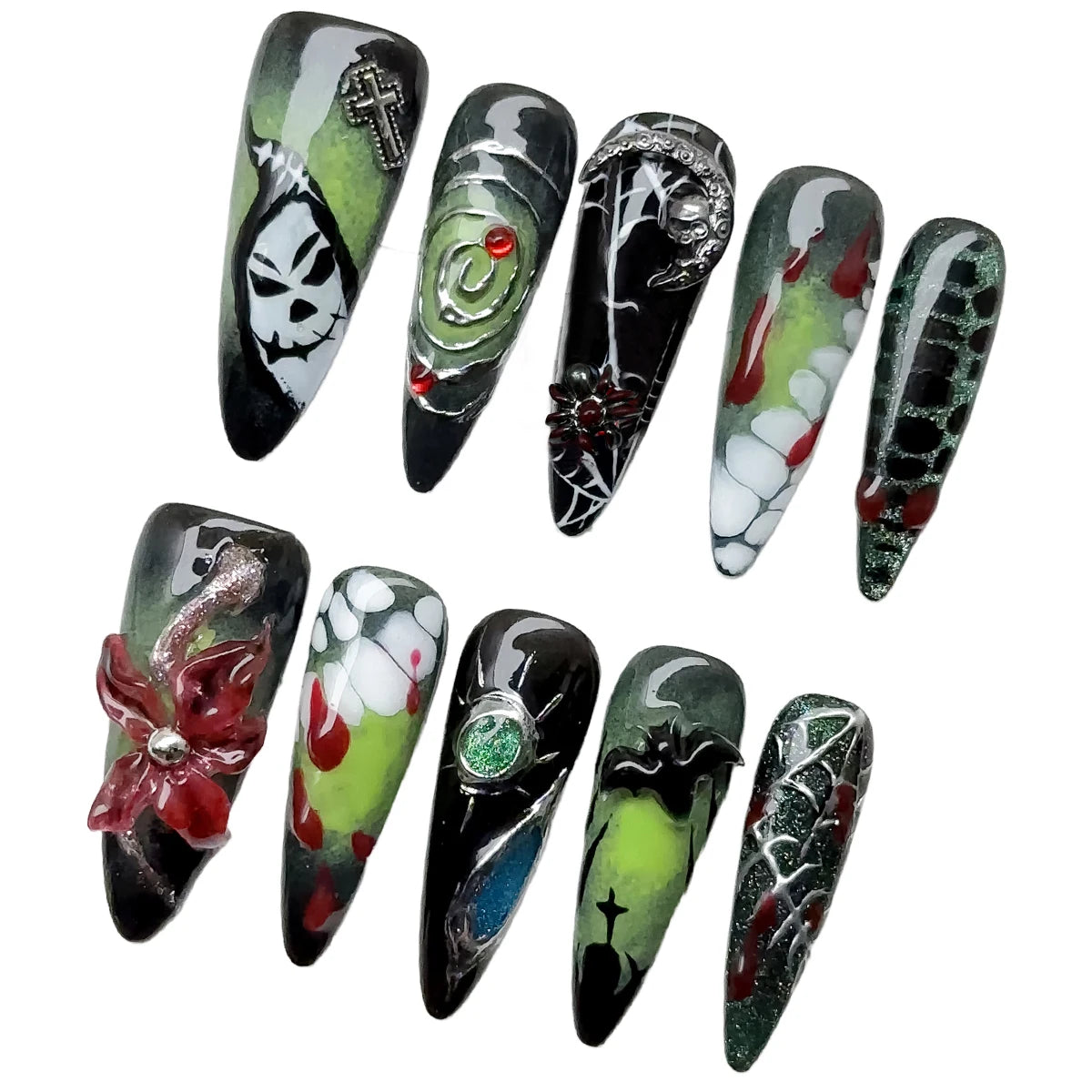 10pcs/Set Handmade acrylic press on nails Long high-heeled finger nails，halloween nails , Bloody Forest Hand-Painted Ghost Fake