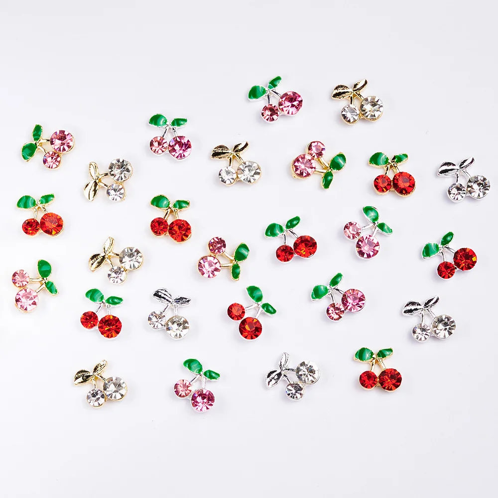 20Pcs Glitter Cherry Rhinestone 3D Nail Charms 10mm Red & Pink Cherry Christmas Nail Art Y2K Alloy Metal Gold Cherry Nail Part