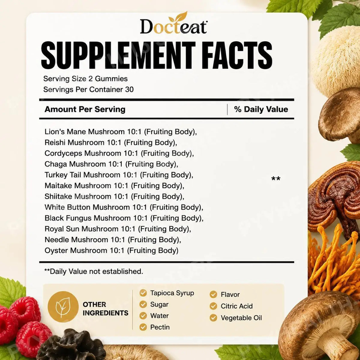 Docteat Super Mushroom Daily Gummies 10:1 Fruiting Body Blend Supports Cognitive Clarity Focus and Immune Vigilance 60 Gummies