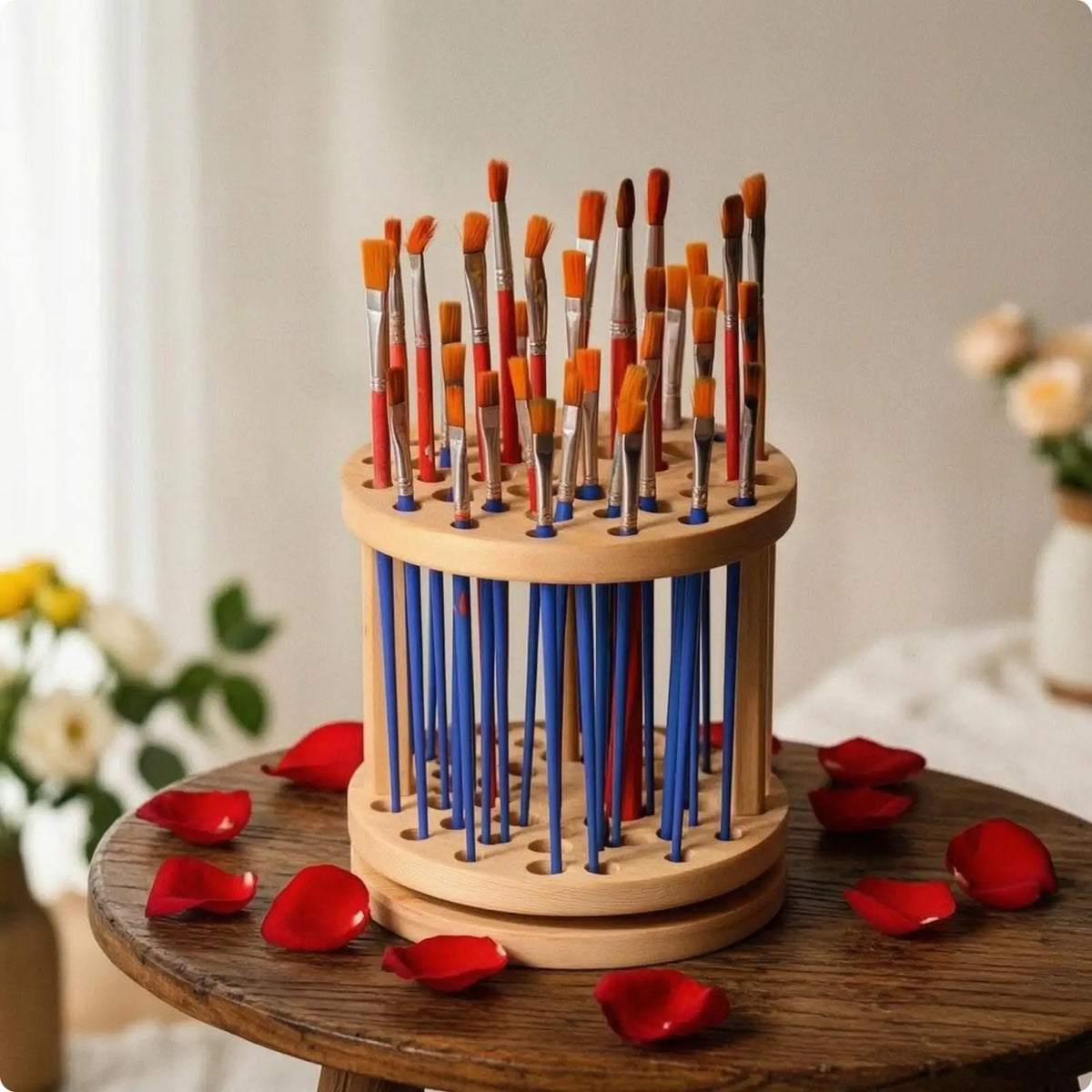 Rotating Wooden Brush Holder for Desk Two Tier Pine Pen Organizer with Pencil Storage for Artists