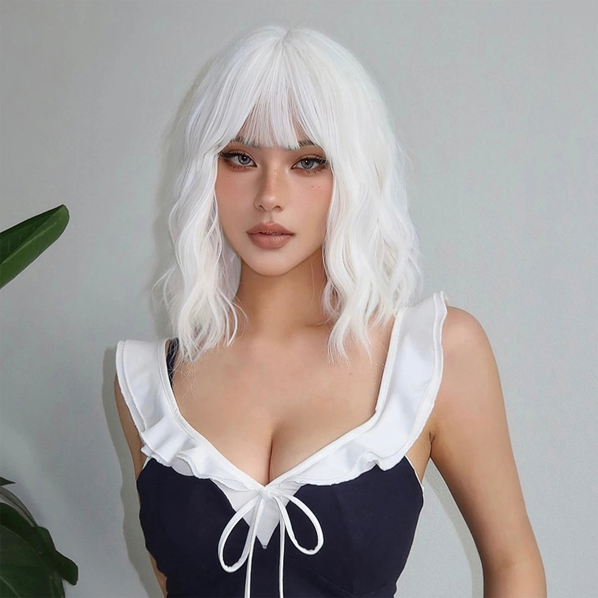 EASIHAIR Short White Bob Synthetic Wigs Short Wavy Lolita Natural Hair Wigs with Bangs for Women Heat Resistant Cosplay Wig
