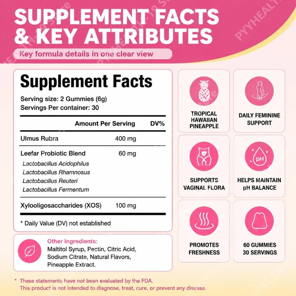 OneBlanid Women's Probiotic Gummies Slippery Elm XOS 4 Strains For pH Flora Freshness & Balance Support Formula Women 60 Count