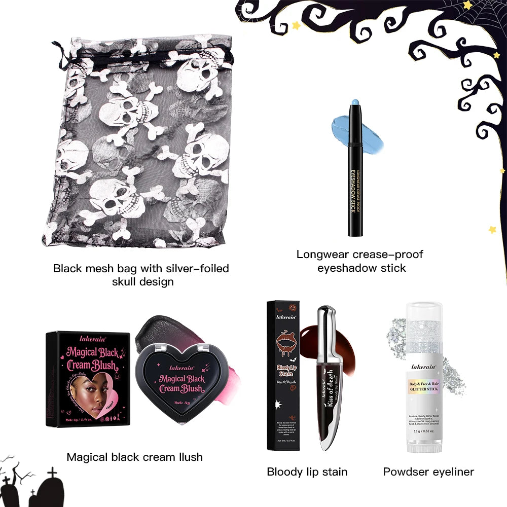 Halloween Gothic Makeup Set 5pcs Lip Stain Dark Cream Blush Eyeshadow Stick Glitter Eyeliner with Bag Cosplay Party Face Body