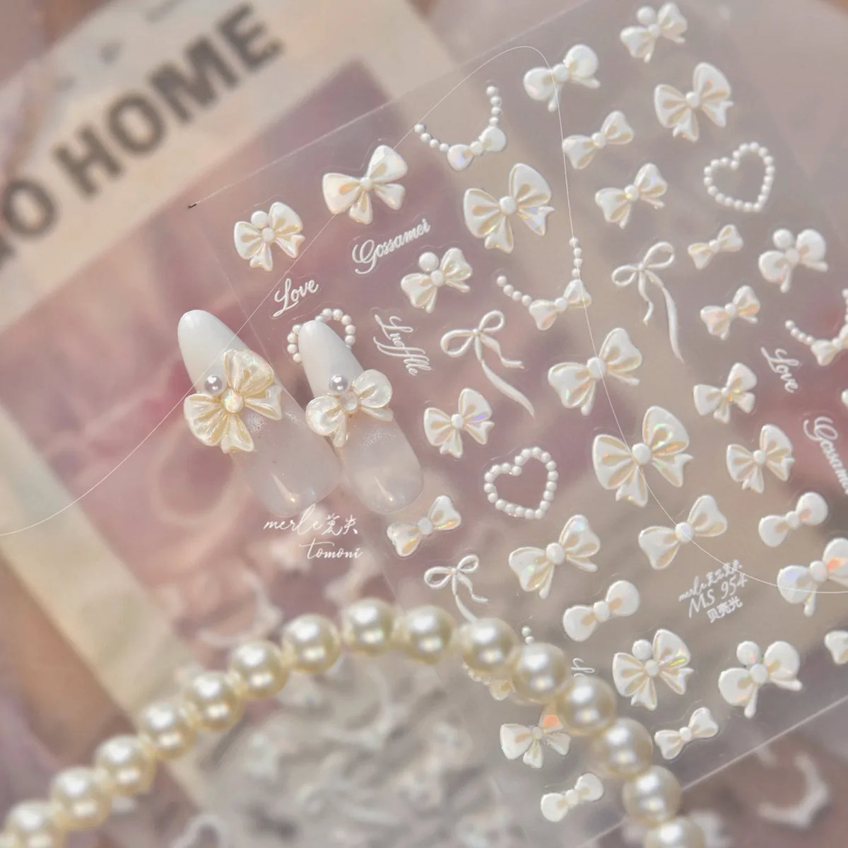 5D Shell Light Nail Stickers Small Fresh White Bow Ribbon Nail Charms Stickers Self Adhesive Nails Decorations Parts DIY Decals