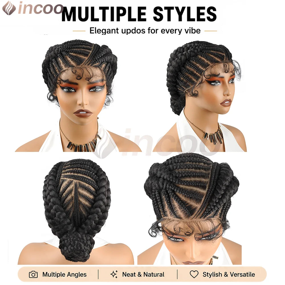 Short Cornnrow Braid Wigs Buns Glueless For Black Women Synthetic HD Full Lace Wig Neat Braids Wig African Protective Style