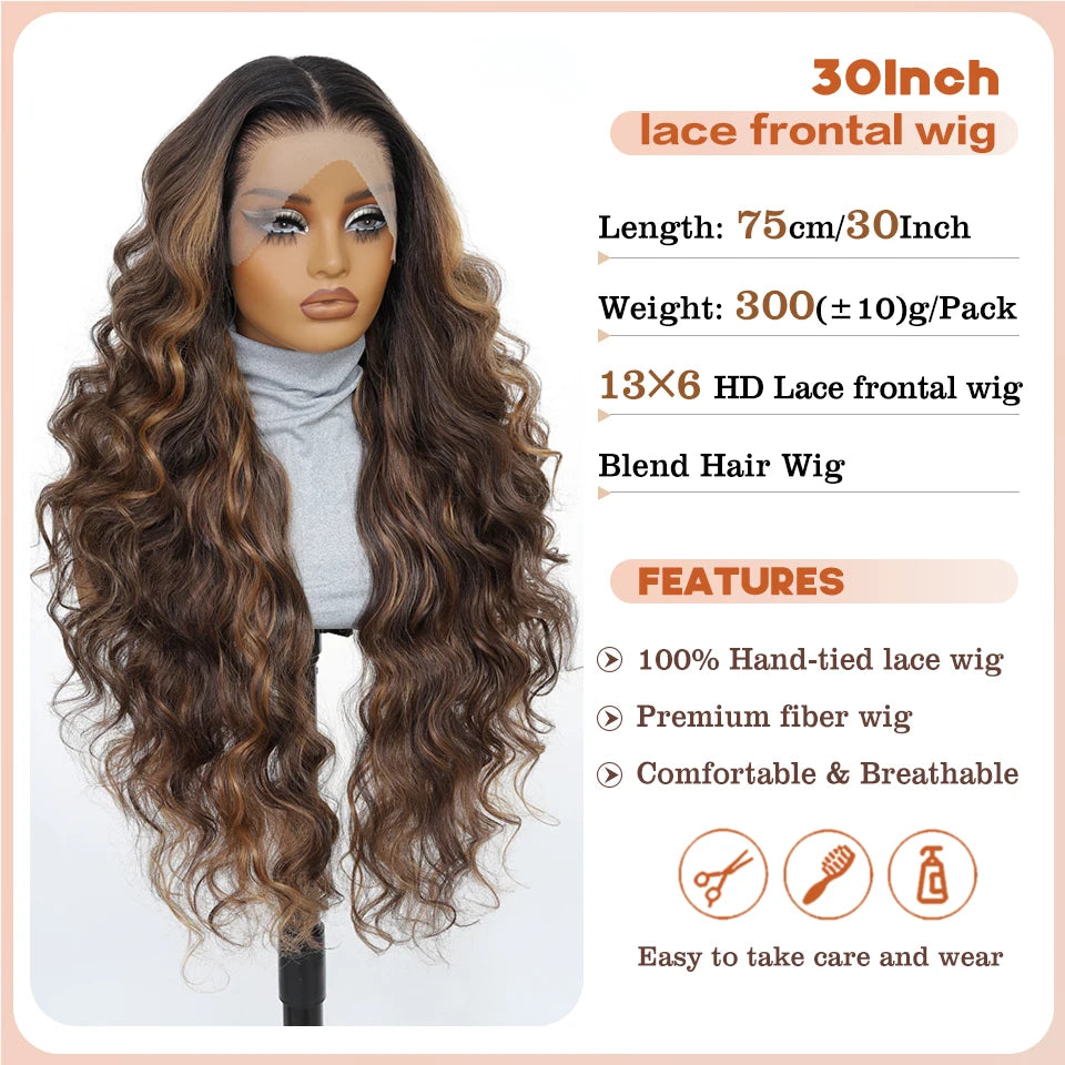 13x6 HD Synthetic Blend Lace Front Wig 30 Inch Long Deep Wavy Ombre Blonde Ginger for Afro Women Heat Resistant Cosplay Wig