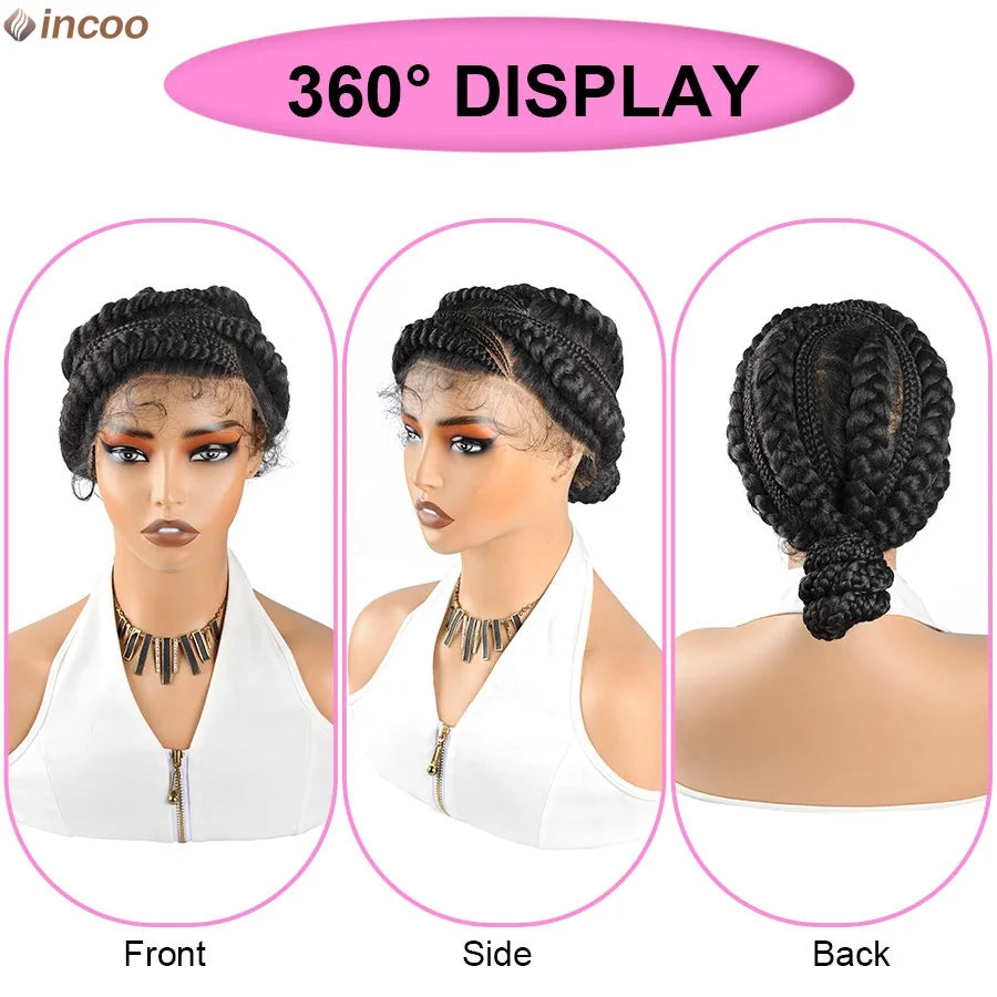 Short Bantu Knotless Braided Wigs Synthetic Full Lace Wig Box Braids Low Buns Wig Glueless Cornrow Braiding Hair Wigs For Women