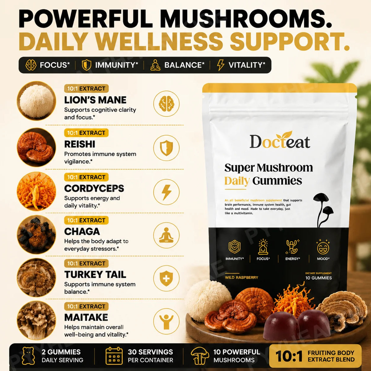 Docteat Super Mushroom Daily Gummies 10:1 Fruiting Body Blend Supports Cognitive Clarity Focus and Immune Vigilance 60 Gummies