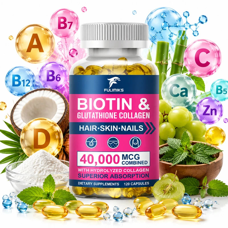 High Biotin 5000mcg Capsules with Hydrolyzed Fish Collagen & MSM, Healthy Hair, Glowing Skin, Strong Nails & Anti-Aging Support