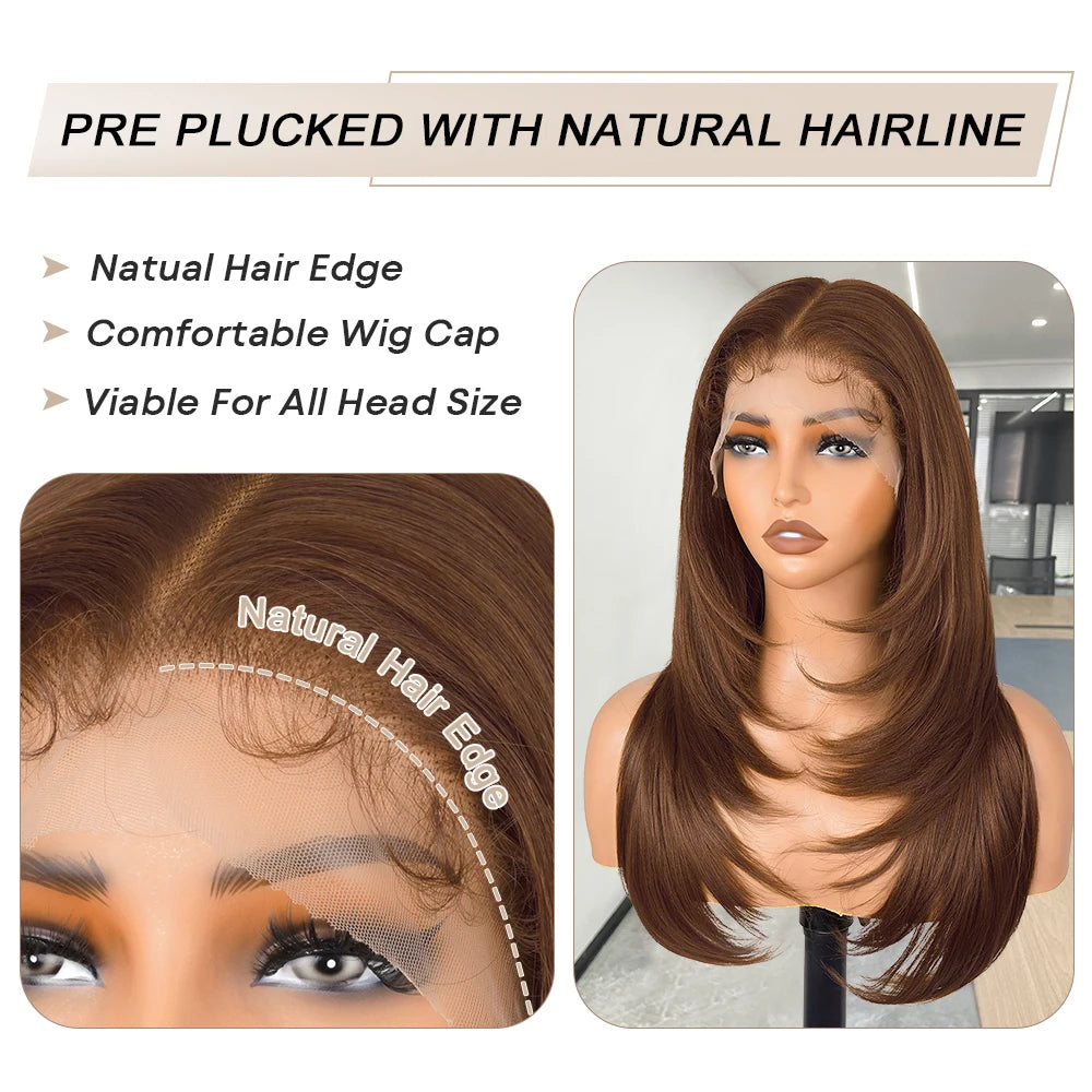 Chocolate Brown Layered Cut Lace Front Wigs HD 13X6 Straight Lace Front Wig For Women Synthetic Butterfly Haircut Glueless Wigs