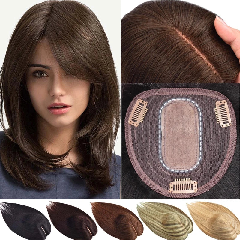 Women Toupee Silk Base Topper Clip In Real Human Hair Wigs Hairpiece With Bangs Straight Hair Toppers For Women Hair Extensions