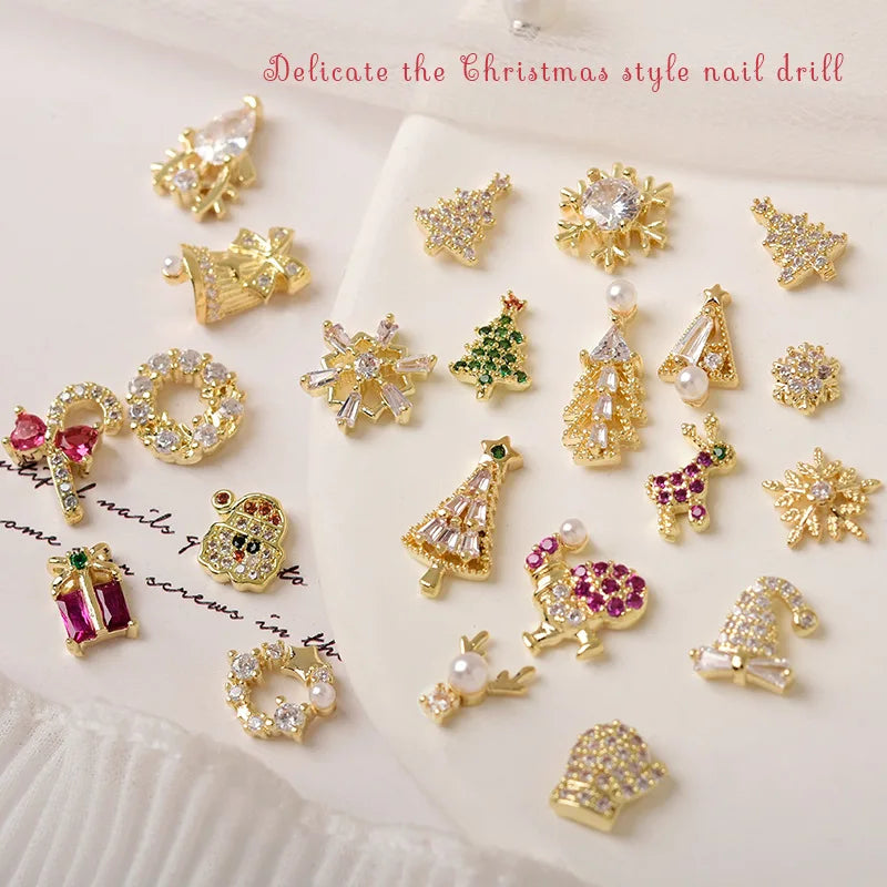 2pcs Christmas Nail Zircon Charms Luxury Snowflake Snowman Elk Small Bell Tree Nail Gem Ornament New Year Nail Art Accessories