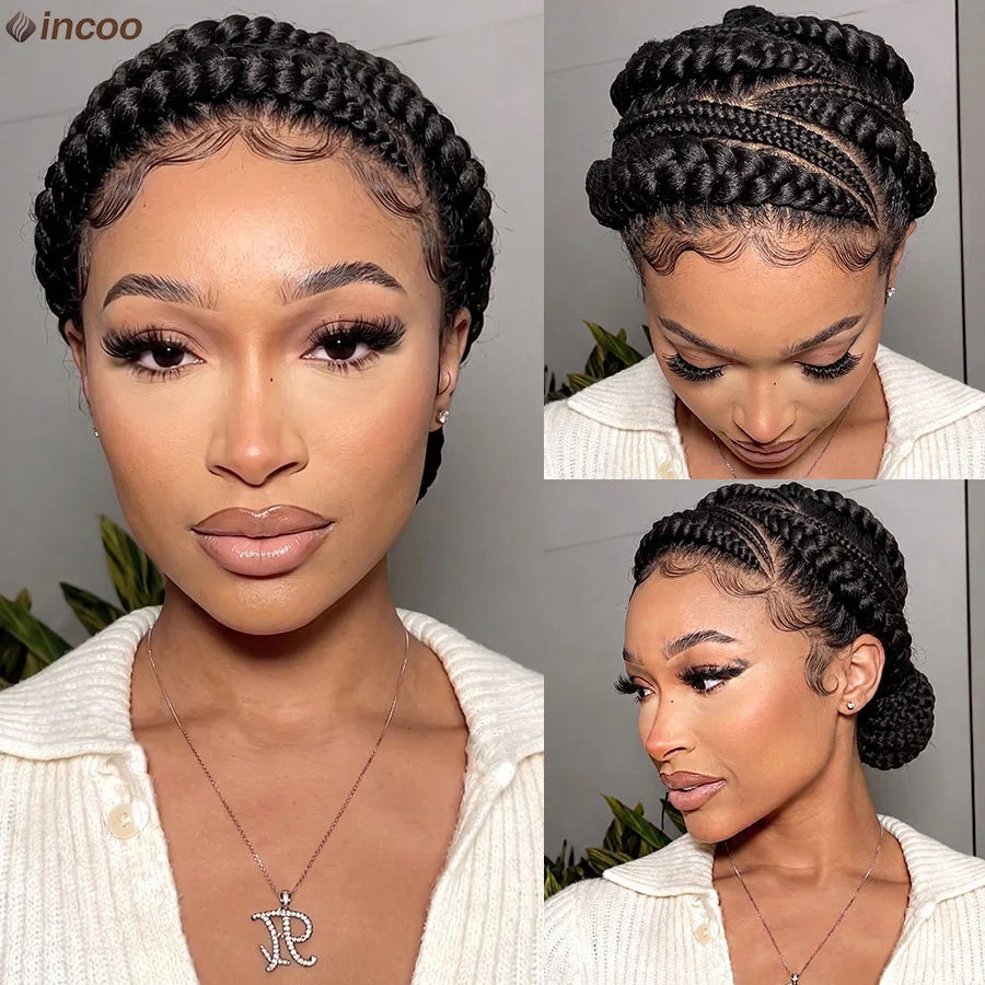 Short Bantu Knotless Braided Wigs Synthetic Full Lace Wig Box Braids Low Buns Wig Glueless Cornrow Braiding Hair Wigs For Women